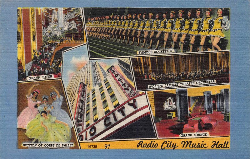 6 Scenes from Radio City Music Hall, New York, NY, Early Linen Postcard, Unused