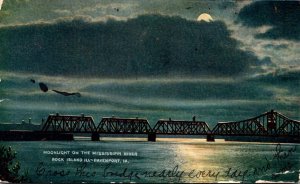 Iowa Davenport Bridge To Rock Island Moonlight on The Mississippi River 1910