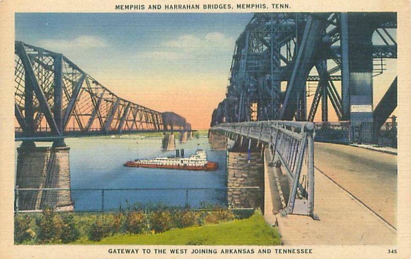 Memphis Tennessee Memphis & Harrahan Bridges Linen Postcard  Unused