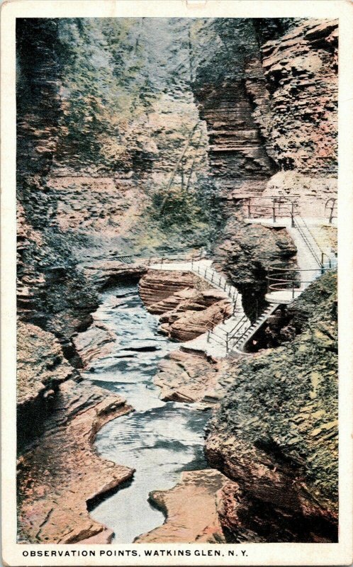 Observation Points Watkins Glen N.Y. Antique Postcard WOB Note 2c Stamp Vintage 