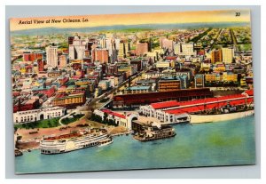 Vintage 1930's Linen Postcard Aerial View New Orleans Louisiana Boats Harbor