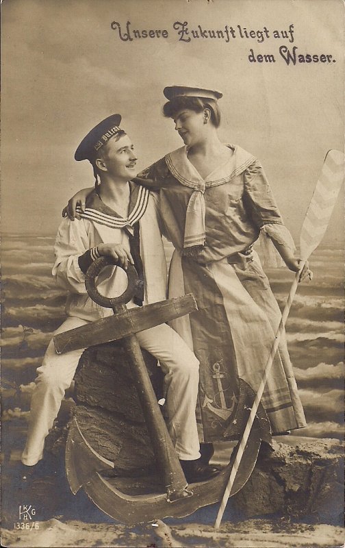 RPPC German Imperial Navy Pre- WWI, 1908, Sailor & Woman, SMS Vulkan, U-Boot Tug