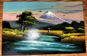 Hand Painted Japanese Postcard Mt. Fuji  Silhouette of Man Walking By Lake