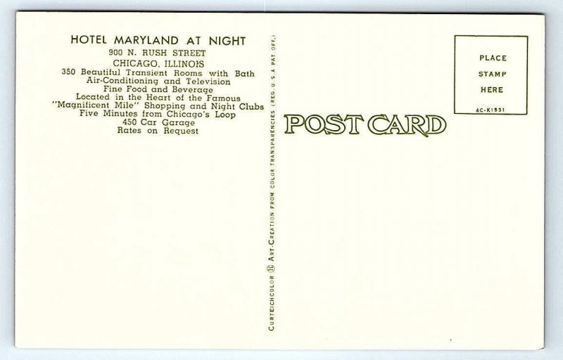 CHICAGO, IL ~ Roadside HOTEL MARYLAND Night Neon 1950s THE CURVE Bar  Postcard