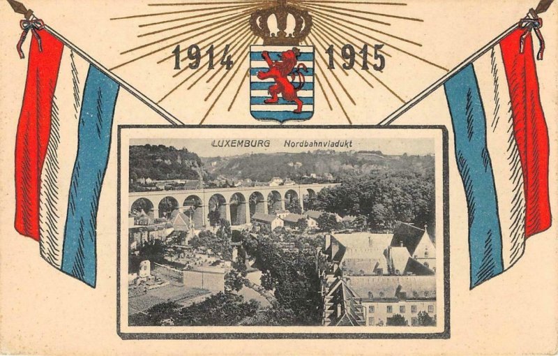 Luxembourg Nordbahnviadukt Railway Coat of Arms Flags 1914 1915 Vintage Postcard