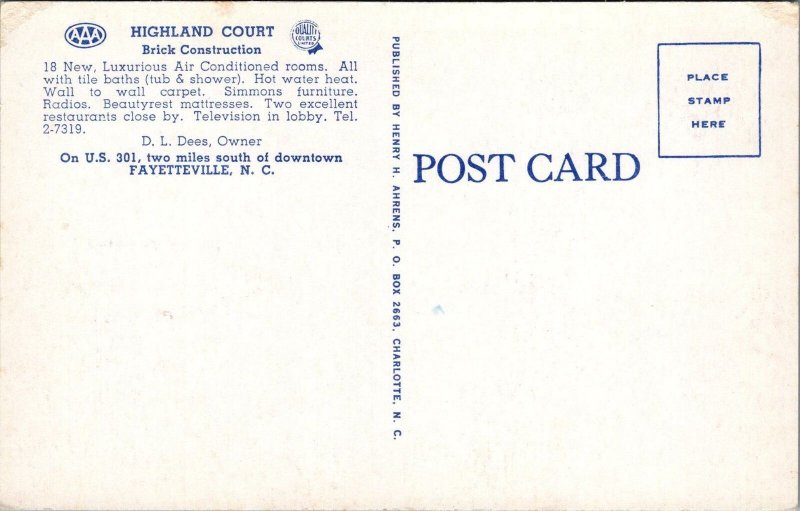 Postcard Highland Court On US 301 Fayetteville NC