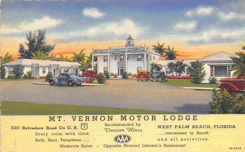 Mt Vernon Motor Lodge West Palm Beach Florida linen postcard