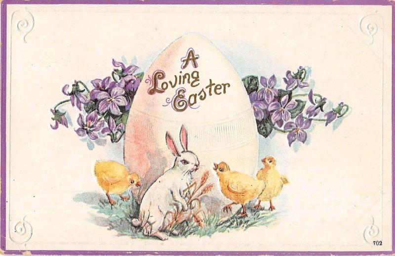 Easter Greetings Bunny Rabbit & Chicks by Large Egg Antique Postcard (J7004)