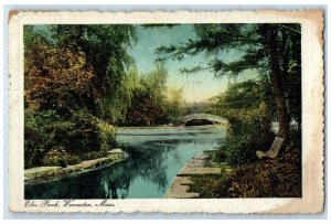 1911 Elm Beach Bridge Scene Worcester Massachusetts MA Posted Trees Postcard