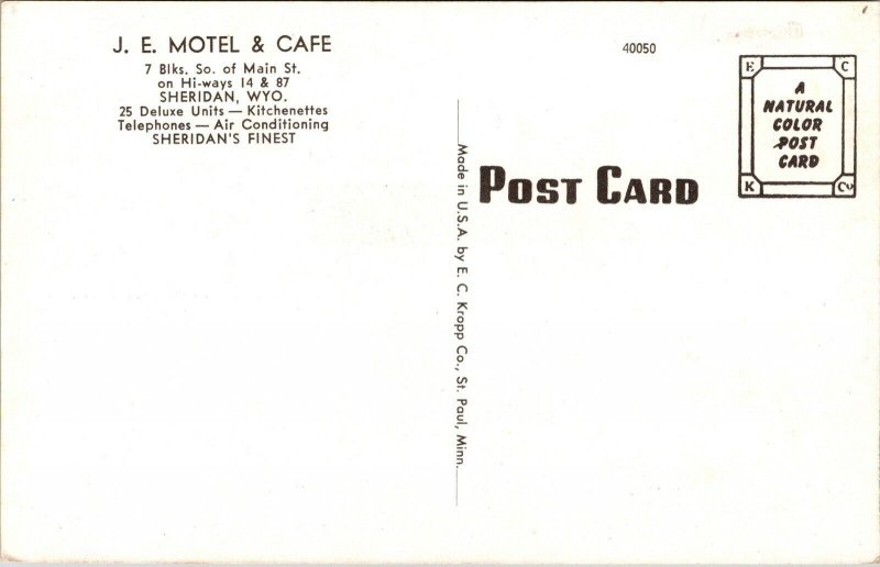 Postcard J.E. Motel and Cafe in Sheridan, Wyoming~136489
