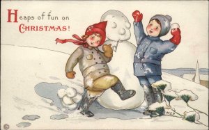 Christmas Stecher Mary Evans Price Kids Build Snowman Vintage Postcard