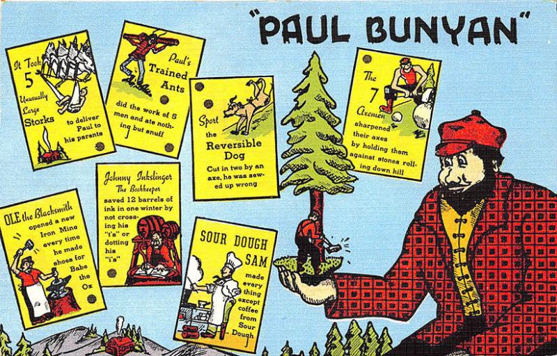 American Folklore Paul Bunyan' Accomplishments Linen Postcard 