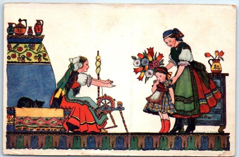 Postcard - Women with approaching girl Painting/Art Print