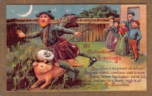 J87/ Halloween Postcard Holiday c1910 2171 Pig Family Irish Garden Moon 60