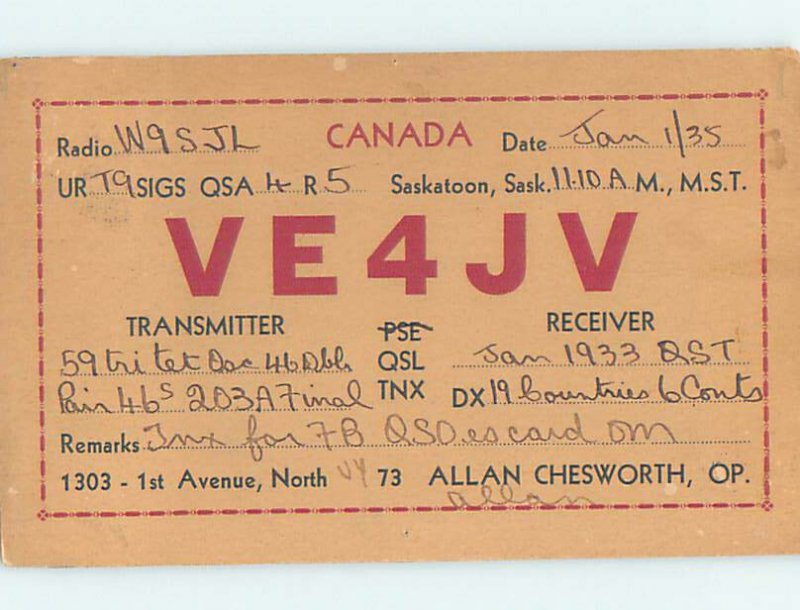 1930s QSL RADIO CARD Saskatoon Saskatchewan SK AH3236