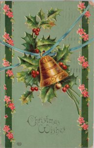 Holiday~Christmas~Holly Berries~Blue Ribbon~Red Flowers~Vintage Postcard