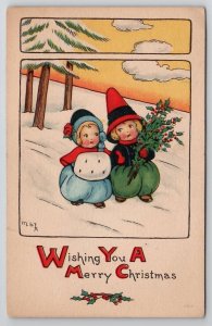 Christmas Puffy Children In Snow Artist Signed Mary Lafetra Russell Postcard T28