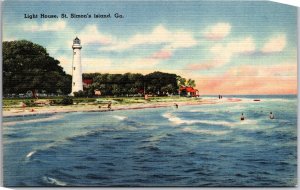 Light House Saint Simon's Island Georgia GA Surf Bathing Atlantic Ocean Postcard