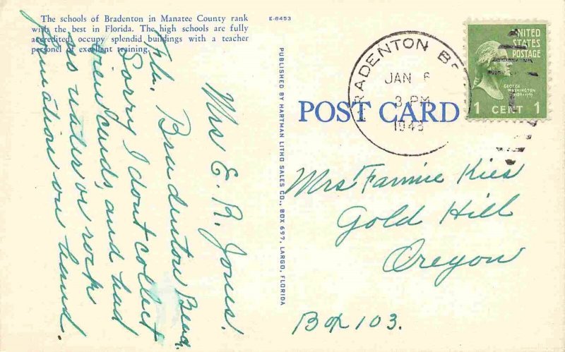 Bradenton High School Florida 1948 linen postcard