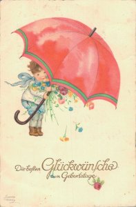 Happy Birthday Boy with a Big Umbrella and Flowers Vintage Postcard 07.12