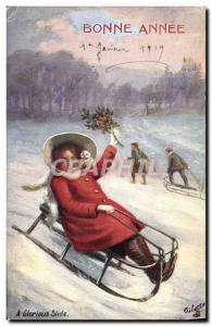 VINTAGE POSTCARD Winter sports Ski Child Toboggan