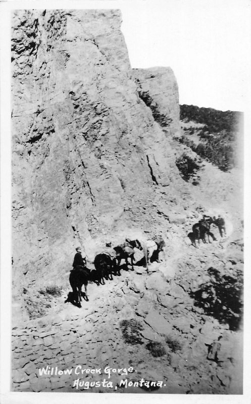 F50/ Augusta Montana RPPC Postcard c1940s Willow Creek Gorge Horses