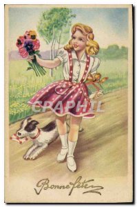 Old Postcard Bonne Fete Child Dog