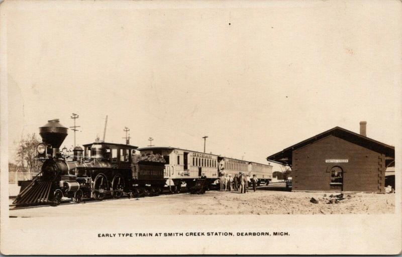 Dearborn Michigan~Smiths Creek Train Station~Steam Locomotive~Wood~1930s RPPC 