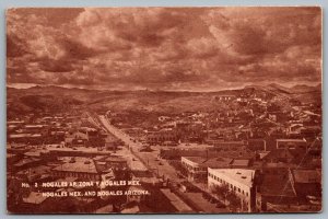 Postcard c1920s Nogales Mexico and Nogales Arizona Birds Eye View Sepia