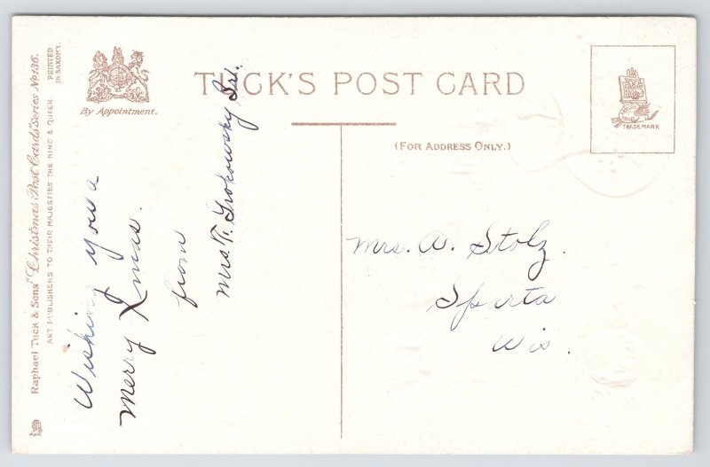 TUCK~Christmas~#136~PM 1908~Greetings~Winter~Bells~Angel Babies & Holly Berries