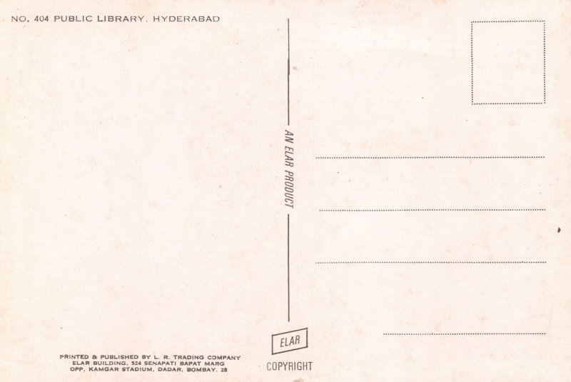 Postcard Public Library Building Hyderabad India LR. Trading Company