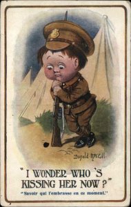 Donald McGill Little Boy as British Soldier Gun Rifle French Subtitle Postcard