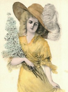 c1910 Woman Yellow Dress Victorian Hat Lily of the Valley Handcolored Postcard