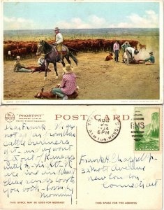 Branding Cattle Cowboys Calves Fred Harvey Postcard 1934 Yosemite 1 Cent Stamp