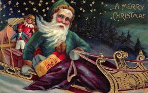 Green Robed Santa Claus in Sled Toys Purple Blanket Embossed Postcard