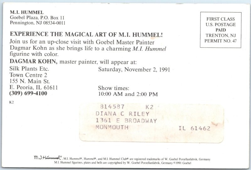 c1990s E. Peoria, IL M.I. Hummel Master Painter Art Jumbo Postcard Paint M31