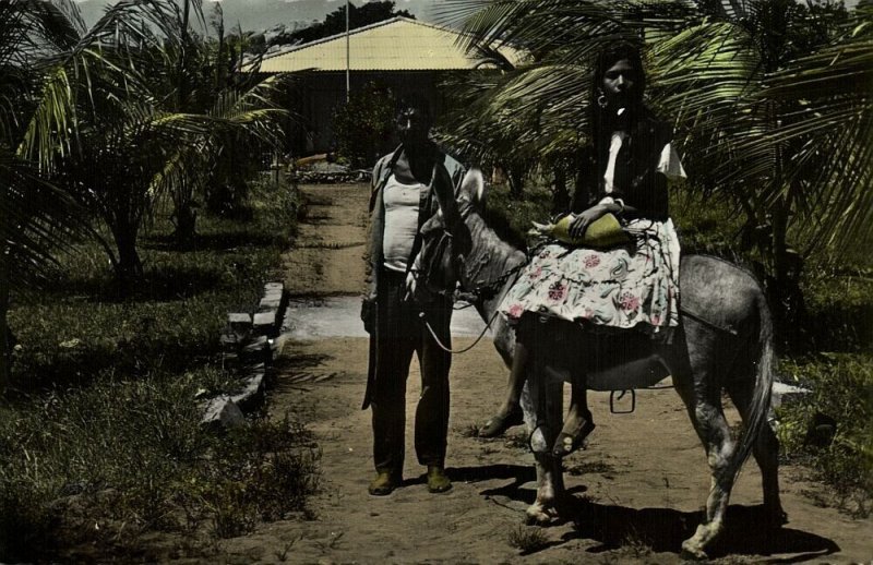 aruba, N.A., Plantation, Couple with Donkey (1950s) RPPC Postcard