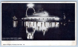 Pre-1907 FLYING HORSES FERRIS WHEEL at NIGHT ASBURY PARK A. LIVINGSTON POSTCARD