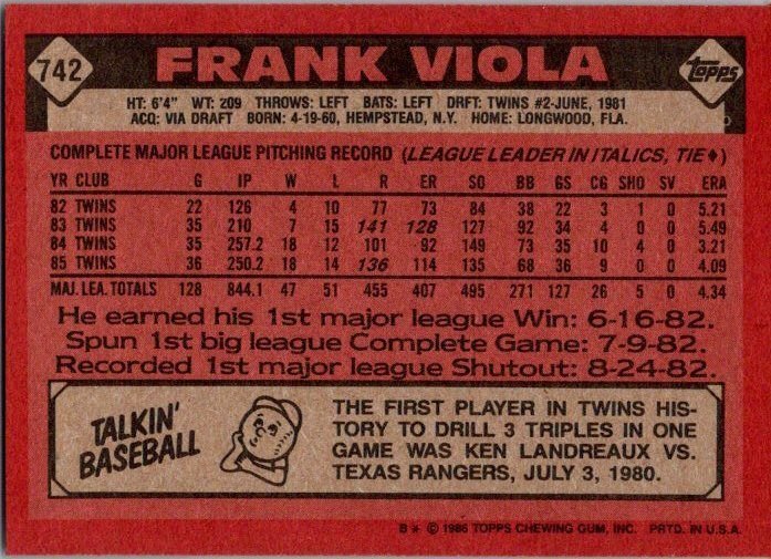 1986 Topps Baseball Card Frank Viola Minnesota Twins sk2605