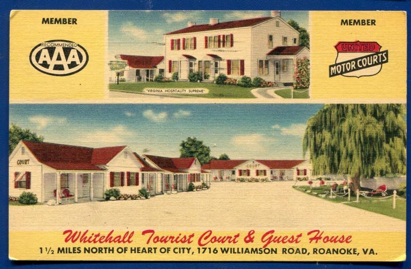 Whitehall Tourist Court Guest House Roanoke Virginia va linen postcard