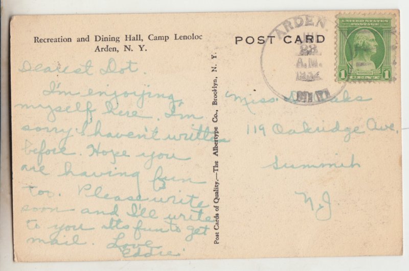 P2695 vintage postcard arden N.Y. dining hall, camp lenoloc