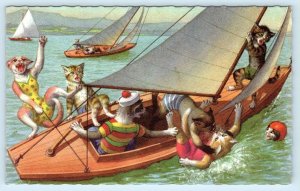 Mainzer Dressed Cats & Kittens ~ SAILBOAT Cats Overboard  #4994  Postcard