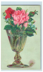 Victorian Trade Card Landis E Snyder All Kinds of Cards, Roses Flowers Glass D1 