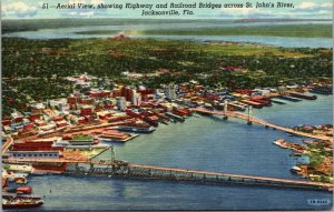 Vtg 1940s St Johns River Highway Railroad Bridges Jacksonville FL Linen Postcard