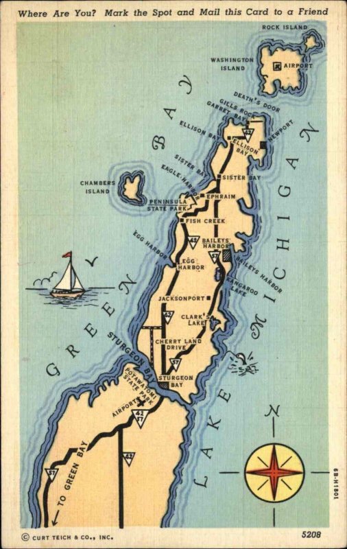 Green Bay Washington Island Lake Michigan WI Linen Map Postcard