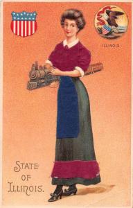 State Lady Illinois Train Silk Dress Antique Postcard J61695