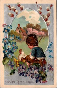Easter Greetings, Shepherd with Hen, Chicks Embossed Vintage Postcard Z07