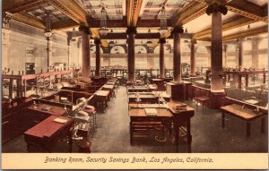 Hand Colored Postcard Banking Room Security Savings Bank Los Angeles, California