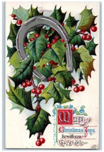 Christmas Postcard Holly Berries Horseshoe Embossed c1910's Posted Antique