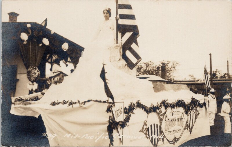 1914 Mid-Pacific Carnival Hawaii Woman Crown Flag Parade #39 RPPC Postcard G42